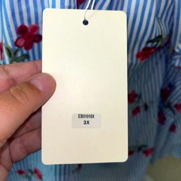 NWT Flores off the shoulder, blue & white striped embroidered top, 3X - Picture 6 of 7